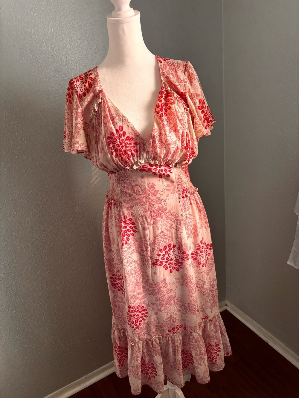 Max Studio Floral Pink and Red Midi Dress Cottagecore Y2K Fairycore